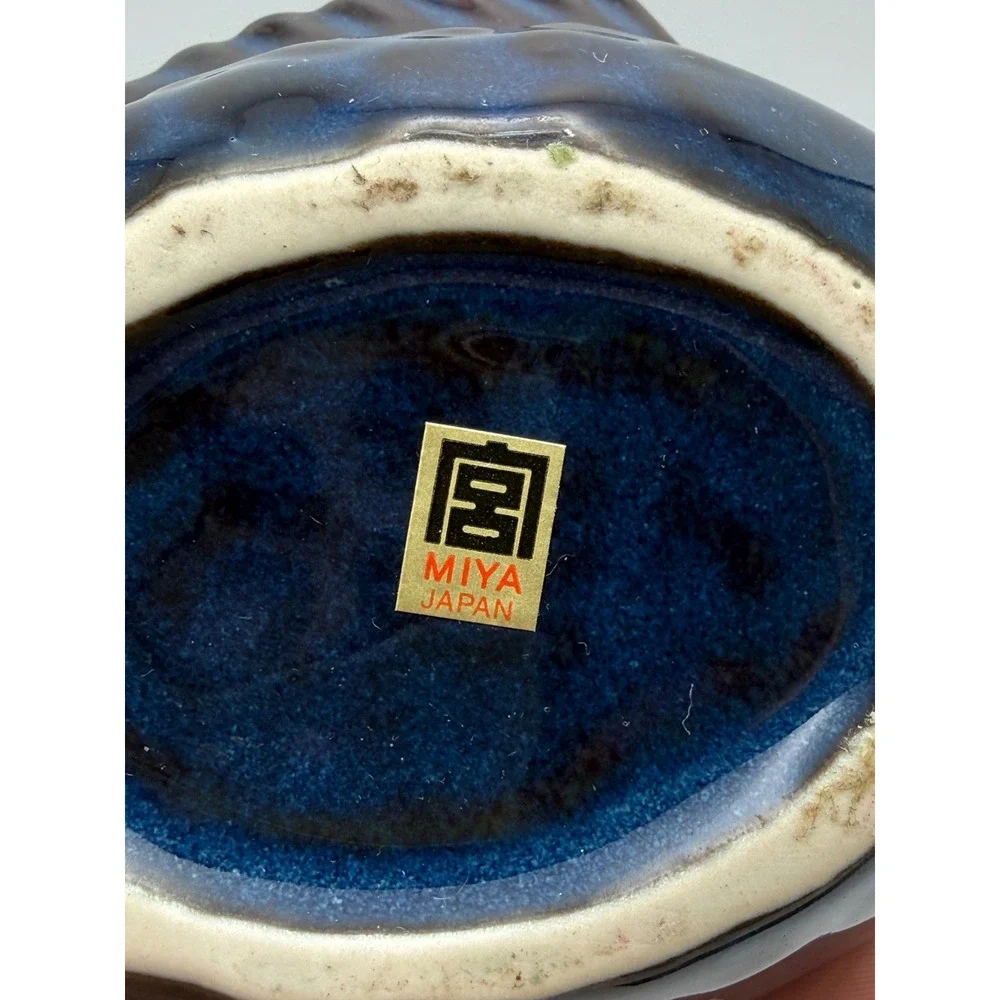 Miya Japan Ceramic Fish Trinket Dish Lidded Bowl Cobalt Blue Glaze Vintage Style